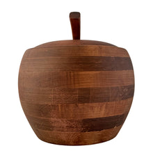 Load image into Gallery viewer, Opposite side view of 1960s Baribocraft figural apple ice bucket showing rich walnut wood tones and whimsical form