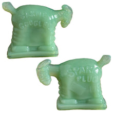 Load image into Gallery viewer, RARE vintage collectible green Jadeite glass figurine of the Spark Plug the Horse from the Barney Google and Spark Plug 1920s comic strip. The Spark Plug figurine wears his trademark patched blanket with the words "Barney Googles and 1923 on one side and Spark Plug and USA on the other side. Guernsey Glass, USA, marked with a B inside a triangle. New old stock. In excellent condition.