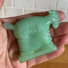 Load image into Gallery viewer, RARE vintage collectible green Jadeite glass figurine of the Spark Plug the Horse from the Barney Google and Spark Plug 1920s comic strip. The Spark Plug figurine wears his trademark patched blanket with the words "Barney Googles and 1923 on one side and Spark Plug and USA on the other side. Guernsey Glass, USA, marked with a B inside a triangle. New old stock. In excellent condition.