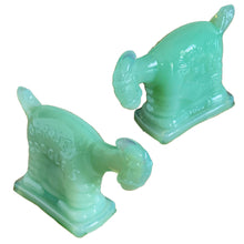 Load image into Gallery viewer, RARE vintage collectible green Jadeite glass figurine of the Spark Plug the Horse from the Barney Google and Spark Plug 1920s comic strip. The Spark Plug figurine wears his trademark patched blanket with the words "Barney Googles and 1923 on one side and Spark Plug and USA on the other side. Guernsey Glass, USA, marked with a B inside a triangle. New old stock. In excellent condition.