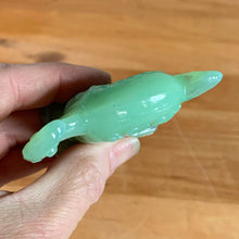 Load image into Gallery viewer, RARE vintage collectible green Jadeite glass figurine of the Spark Plug the Horse from the Barney Google and Spark Plug 1920s comic strip. The Spark Plug figurine wears his trademark patched blanket with the words "Barney Googles and 1923 on one side and Spark Plug and USA on the other side. Guernsey Glass, USA, marked with a B inside a triangle. New old stock. In excellent condition.