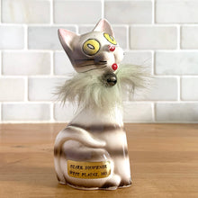 Load image into Gallery viewer, Super funky vintage anthropomorphic hand painted big yellow eyed striped cat ceramic figurine, sporting a fur collar and bell. Sticker indicates Ozark Souvenir, West Plains, MO. Crafted in Japan, 1950s. A great addition to your kitschy cat collection! In excellent vintage condition, no chips, minor wear to the red cold paint on the nose. Measures 2 1/4 x 1 5/8 x 4 3/4 inches