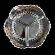 Load image into Gallery viewer, Vintage mid-century era 3-part clear glass relish dish, graced with a stunning silver overlay of birds perched on grapevines with saw tooth rim. Silver City, USA, 1950s. A stunning piece to serve your favourite sweet or savory treats!
In excellent condition, no chips. The silver overlay is intact with patina.
Measures 8 x 8 x 2 inches