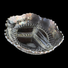 Load image into Gallery viewer, Vintage mid-century era 3-part clear glass relish dish, graced with a stunning silver overlay of birds perched on grapevines with saw tooth rim. Silver City, USA, 1950s. A stunning piece to serve your favourite sweet or savory treats!
In excellent condition, no chips. The silver overlay is intact with patina.
Measures 8 x 8 x 2 inches
