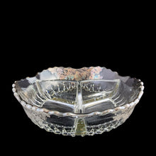 Load image into Gallery viewer, Vintage mid-century era 3-part clear glass relish dish, graced with a stunning silver overlay of birds perched on grapevines with saw tooth rim. Silver City, USA, 1950s. A stunning piece to serve your favourite sweet or savory treats!
In excellent condition, no chips. The silver overlay is intact with patina.
Measures 8 x 8 x 2 inches