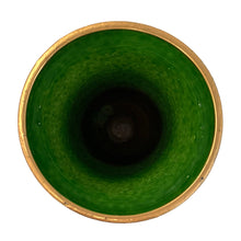 Load image into Gallery viewer, Vintage MCM art pottery footed vase with a band of repeating dots and stripes in shades of blue, green and gold on a pales butter yellow ground with gold details and green interior. Crafted by Bitossi Ceramiche, Italy 1960s. A wonderful piece of mid-century era art pottery to enhance your home's decor.
In good vintage condition, minor flea bit at the rim, no cracks or repairs. Sign on the bottom, 630 Italy.
Measures 6 x 12 3/4 inches