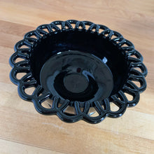 Load image into Gallery viewer, This vintage black amethyst glass compote was manufactured by the L. E. Smith Glass Company, USA. In the 1930s it was listed as No. 44 and in the mid-century 1950s line, it was renamed to the "Colonial Lace" pattern. When held up to a strong light, you'll be able to see the amethyst colour. this piece makes a great catchall, or fill it with your favourite candies. In excellent condition, free from chips/cracks. Measures 7 1/8 x 3 3/8 inches