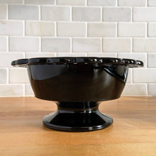 Load image into Gallery viewer, This vintage black amethyst glass compote was manufactured by the L. E. Smith Glass Company, USA. In the 1930s it was listed as No. 44 and in the mid-century 1950s line, it was renamed to the "Colonial Lace" pattern. When held up to a strong light, you'll be able to see the amethyst colour. this piece makes a great catchall, or fill it with your favourite candies. In excellent condition, free from chips/cracks. Measures 7 1/8 x 3 3/8 inches