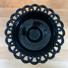 Load image into Gallery viewer, This vintage black amethyst glass compote was manufactured by the L. E. Smith Glass Company, USA. In the 1930s it was listed as No. 44 and in the mid-century 1950s line, it was renamed to the "Colonial Lace" pattern. When held up to a strong light, you'll be able to see the amethyst colour. this piece makes a great catchall, or fill it with your favourite candies. In excellent condition, free from chips/cracks. Measures 7 1/8 x 3 3/8 inches