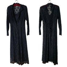 Load image into Gallery viewer, Vintage gothic boho style mid-length black floral lace Kaftan buttoned coat dress with lace up cinching tie at the back and slip dress, size 11. Lace dress is 60% nylon, 40%rayon. Slip is 100% polyester. Crafted by Dawn Joy Fashions, USA, 1980s.
In excellent condition, no tears/stains.
Size 11
Measurements
Shoulders 17 inches
Bust 17 inches
Waist 16
Hip 20 inches
Length 50 1/2 inches