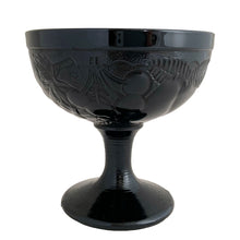 Load image into Gallery viewer, Side view of vintage Luminarc Gourmande black opaline footed dessert bowl showing embossed cherries, ribbed stem and foot detail