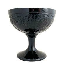 Load image into Gallery viewer, Side view of vintage Luminarc Gourmande black opaline footed dessert bowl showing embossed strawberries, ribbed stem and foot detail