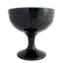Load image into Gallery viewer, Side view of vintage Luminarc Gourmande black opaline footed dessert bowl showing embossed fruits, ribbed stem and foot detail