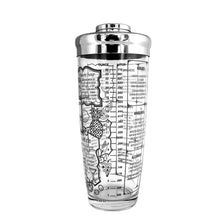 Load image into Gallery viewer, This iconic vintage mid-century glass cocktail shaker features 15 classic cocktail recipes in black, accented with fruits, cocktail graphics, a measuring scale in both ounces and litres, topped with a chrome lid. Crafted by Irvinware, USA 1970s. Reclaim the pleasure of being your home's star bartender...no Googling required!
In excellent condition, no chips or wear.
Measures 3 1/2 x 9 1/4 inches
Capacity 24 ounces or .710 litres