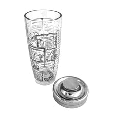 Load image into Gallery viewer, This iconic vintage mid-century glass cocktail shaker features 15 classic cocktail recipes in black, accented with fruits, cocktail graphics, a measuring scale in both ounces and litres, topped with a chrome lid. Crafted by Irvinware, USA 1970s. Reclaim the pleasure of being your home's star bartender...no Googling required!
In excellent condition, no chips or wear.
Measures 3 1/2 x 9 1/4 inches
Capacity 24 ounces or .710 litres
