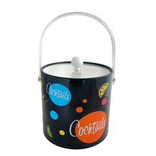 Load image into Gallery viewer, Fabulous vintage black ice bucket featuring colourful cocktail graphics, complemented by a clear lucite lid and handle with white lining and knob. Made in Taiwan, 1970s. Add the fun factor to your retro barware collection!
The bucket is in great vintage condition with minor wear, see photos.
Measures 7 1/2 x 8 1/2 inches (12 1/4 with handle extended)