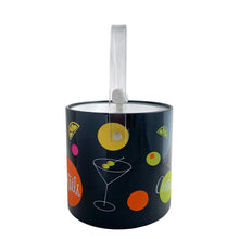 Load image into Gallery viewer, Fabulous vintage black ice bucket featuring colourful cocktail graphics, complemented by a clear lucite lid and handle with white lining and knob. Made in Taiwan, 1970s. Add the fun factor to your retro barware collection!
The bucket is in great vintage condition with minor wear, see photos.
Measures 7 1/2 x 8 1/2 inches (12 1/4 with handle extended)