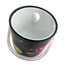 Load image into Gallery viewer, Fabulous vintage black ice bucket featuring colourful cocktail graphics, complemented by a clear lucite lid and handle with white lining and knob. Made in Taiwan, 1970s. Add the fun factor to your retro barware collection!
The bucket is in great vintage condition with minor wear, see photos.
Measures 7 1/2 x 8 1/2 inches (12 1/4 with handle extended)