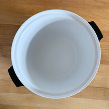 Load image into Gallery viewer, Vintage black and white THERM WARE ice bucket featuring brass brackets that hold the lid securely in place. Designed and crafted by David Douglas Company, USA, 1950s. This generous sized vessel is a fabulous example of mid-century design and ingenuity, perfect for any barware collection! In immaculate vintage condition. Measures 10 1/2 x 8 1/2 (incl. handles)