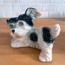 Load image into Gallery viewer, Vintage mid-century hand painted black and white playful Terrier puppy dog ceramic figurine. Crafted in Japan. Add some kitschy cuteness to your life!
In good vintage condition, very minor paint loss to the eyes, no chips/cracks/repairs, age-related crazing. Unmarked.
Measures 6 1/2 x 3 x 4 1/4 inches