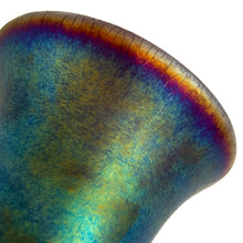 Load image into Gallery viewer, Beautiful vintage hand blown Egyptian lustre black amethyst stretch art glass vase. The iridescence on this piece is stunning!  In excellent condition, no chips. Signed by the artist Raymond D. Matthews Jr.,  Bittersweet Glassworks mid 1970s.  Measures 6 1/4 x 6 3/4 inches