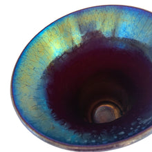 Load image into Gallery viewer, Beautiful vintage hand blown Egyptian lustre black amethyst stretch art glass vase. The iridescence on this piece is stunning!  In excellent condition, no chips. Signed by the artist Raymond D. Matthews Jr.,  Bittersweet Glassworks mid 1970s.  Measures 6 1/4 x 6 3/4 inches