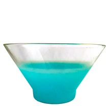 Load image into Gallery viewer, This hard to find vintage "Blendo Turquoise" glass serving bowl features a distinctive turquoise blue fade to clear and gold gilt rim. Crafted by the West Virginia Glass Specialty, USA, circa 1950s. This beautiful serving bowl will add an funky touch to your tabletop. Perfect for serving salads, fruit and snacks. In excellent condition, free from chips, minor wear to the gold gilt. Measures 10 5/8 x 6 1/4 inches