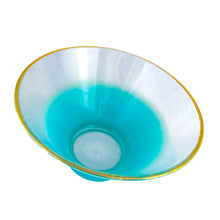 Load image into Gallery viewer, This hard to find vintage "Blendo Turquoise" glass serving bowl features a distinctive turquoise blue fade to clear and gold gilt rim. Crafted by the West Virginia Glass Specialty, USA, circa 1950s. This beautiful serving bowl will add an funky touch to your tabletop. Perfect for serving salads, fruit and snacks. In excellent condition, free from chips, minor wear to the gold gilt. Measures 10 5/8 x 6 1/4 inches