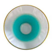 Load image into Gallery viewer, This hard to find vintage "Blendo Turquoise" glass serving bowl features a distinctive turquoise blue fade to clear and gold gilt rim. Crafted by the West Virginia Glass Specialty, USA, circa 1950s. This beautiful serving bowl will add an funky touch to your tabletop. Perfect for serving salads, fruit and snacks. In excellent condition, free from chips, minor wear to the gold gilt. Measures 10 5/8 x 6 1/4 inches