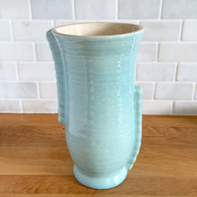 Load image into Gallery viewer, Vintage Brentleigh Ware Art Deco celadon blue gloss glazed ceramic vase, full front view with flared mouth and stepped foot