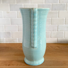 Load image into Gallery viewer, Opposite side view of vintage Brentleigh Ware Art Deco celadon blue gloss glazed ceramic vase showing ribbed texture on handle and vase