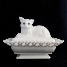 Load image into Gallery viewer, Gorgeous vintage white cat-on-nest milk glass dish featuring a lovely lace edge and blue glass eyes. Crafted by Westmoreland Glass, USA, circa 1950s/60s. A unique piece of pressed glass to use as a candy dish or catchall. A wonderful gift for the vintage glass enthusiast or cat lover!
In excellent condition, no chips, cracks or repairs. Lid and base have Westmoreland's maker's mark.
Measures 8 1/8 x 5 1/8 x 6 inches