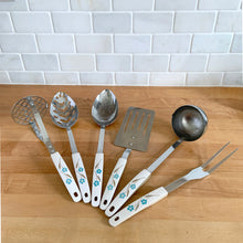 Load image into Gallery viewer, Vintage 6-piece stainless steel kitchen utensil set with cream melamine handles, blue and green floral and wheat pattern, Japan 1950s