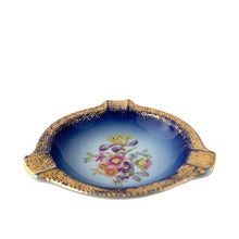 Load image into Gallery viewer, Vintage 1960s cobalt blue porcelain ashtray with gold trim and floral motif by Porzellanwerk Martinroda Germany