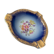 Load image into Gallery viewer, Triangular blue ombre porcelain ashtray Porzellanwerk Martinroda, gold gilt rim vintage 1960s Germany