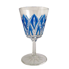 Load image into Gallery viewer, These unique mid-century "Harlequin" crystal wine glass featuring vibrant blue diamonds. Crafted by Reims, France, circa 1960s. A unique classic to add to your barware collection! In excellent, no chips or cracks. Marked on the bottom "FRANCE". Measures 2 3/4 x 5 inches Capacity 6 ounces