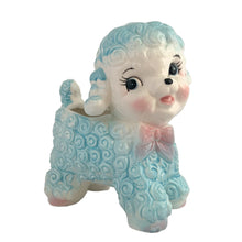 Load image into Gallery viewer, Adorable mid-century hand painted ceramic anthropomorphic happy lamb planter (601) in blue and pink. Produced by Rubens Originals, Japan, circa 1950s. The epitome of kitschy nursery decor and a great little vessel for a houseplant, succulent or to hold baby accessories.  In excellent condition, no chips/cracks/repairs. Embossed makers mark.  Measures 4 x2 3/4 x 5 1/4 inches