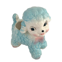 Load image into Gallery viewer, Adorable mid-century hand painted ceramic anthropomorphic happy lamb planter (601) in blue and pink. Produced by Rubens Originals, Japan, circa 1950s. The epitome of kitschy nursery decor and a great little vessel for a houseplant, succulent or to hold baby accessories.  In excellent condition, no chips/cracks/repairs. Embossed makers mark.  Measures 4 x2 3/4 x 5 1/4 inches