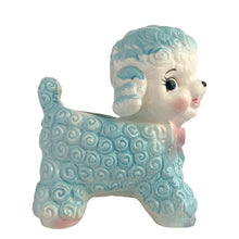 Load image into Gallery viewer, Adorable mid-century hand painted ceramic anthropomorphic happy lamb planter (601) in blue and pink. Produced by Rubens Originals, Japan, circa 1950s. The epitome of kitschy nursery decor and a great little vessel for a houseplant, succulent or to hold baby accessories.  In excellent condition, no chips/cracks/repairs. Embossed makers mark.  Measures 4 x2 3/4 x 5 1/4 inches