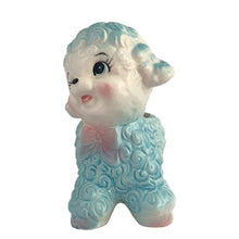 Load image into Gallery viewer, Adorable mid-century hand painted ceramic anthropomorphic happy lamb planter (601) in blue and pink. Produced by Rubens Originals, Japan, circa 1950s. The epitome of kitschy nursery decor and a great little vessel for a houseplant, succulent or to hold baby accessories.  In excellent condition, no chips/cracks/repairs. Embossed makers mark.  Measures 4 x2 3/4 x 5 1/4 inches