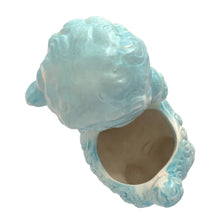 Load image into Gallery viewer, Adorable mid-century hand painted ceramic anthropomorphic happy lamb planter (601) in blue and pink. Produced by Rubens Originals, Japan, circa 1950s. The epitome of kitschy nursery decor and a great little vessel for a houseplant, succulent or to hold baby accessories.  In excellent condition, no chips/cracks/repairs. Embossed makers mark.  Measures 4 x2 3/4 x 5 1/4 inches