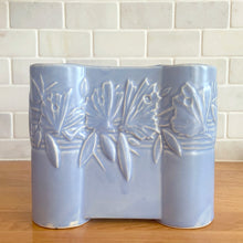 Load image into Gallery viewer, Vintage Art Deco matte blue Castle Gate Butterfly Line vase. Crafted by Nelson McCoy Pottery, early 1940s. This rare piece is must for any art pottery collector!
In excellent condition, no chips/repairs, crack, see photos. Unmarked.
Measures 7 3/8 x 2 1/2 x 6 inches