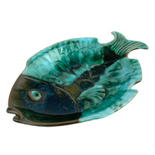 Load image into Gallery viewer, Close-up of signature green drip glaze pattern on Blue Mountain Pottery fish-shaped dish