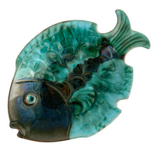 Load image into Gallery viewer, Side view of 1967-72 Blue Mountain Pottery fish dish showing artisan drip glaze finish