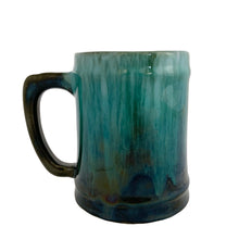 Load image into Gallery viewer, Opposite side view of Blue Mountain Pottery green drip glaze mug with handle on left, showing dark lower body and teal upper glaze graduation