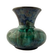 Load image into Gallery viewer, Close-up of green drip glaze on Blue Mountain Pottery vase showing unique flowing glaze pattern and texture