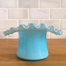 Load image into Gallery viewer, Front view of vintage Fenton Art Glass blue opalescent hat dish with crimped edge, 1940s–50s USA