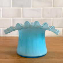 Load image into Gallery viewer, Back view of vintage Fenton Art Glass blue opalescent hat dish with crimped edge, 1940s–50s USA