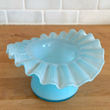 Load image into Gallery viewer, Angled overhead shot of vintage Fenton Art Glass blue opalescent hat dish, perfect for vanity or shelf décor