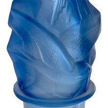 Load image into Gallery viewer, This rare 1930s figurine showcases the refined Art Deco glasswork of Walther & Söhne. Crafted in striking blue satin glass with a soft frosted finish, the Schwalben (Swallows) design features three swallows—two perched and one in flight—beautifully arranged in a balanced, sculptural composition.
Originally designed as a flower frog for formal table settings, it also makes a stunning standalone decorative piece.